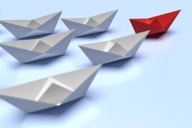 Liderlik ve iş kavramı. Bir kırmızı lider gemisi diğer gri gemileri ileri götürüyor. 3d hazırlayıcı