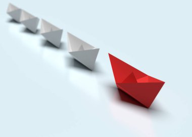 Liderlik ve iş kavramı. Bir kırmızı lider gemisi diğer gri gemileri ileri götürüyor. 3d oluşturma