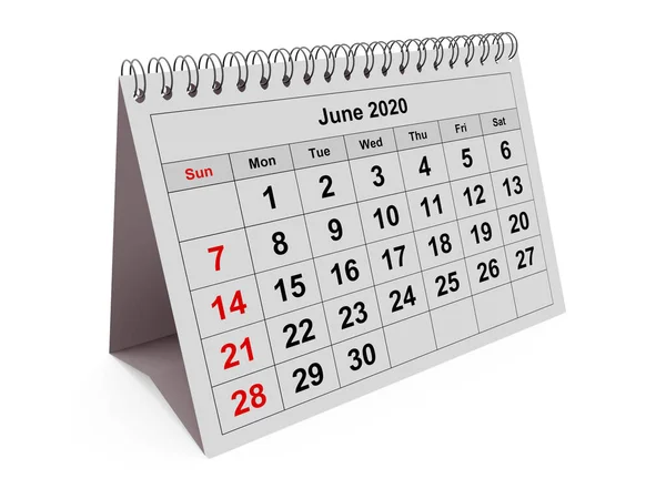 Μία Σελίδα Του Ετήσιου Μηνιαίου Ημερολογίου Μήνας Ιούνιος 2020 Απόδοση — Φωτογραφία Αρχείου