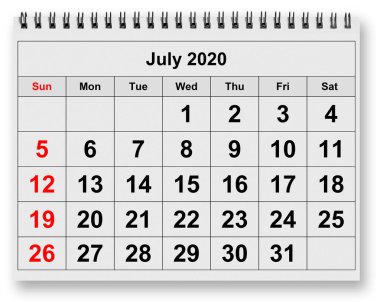 Aylık takvimin bir sayfası - Temmuz 2020