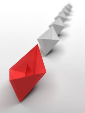 Liderlik ve iş kavramı. Bir kırmızı lider gemisi diğer gri gemileri ileri götürüyor. 3d oluşturma