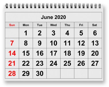 Aylık takvimin bir sayfası - Haziran 2020