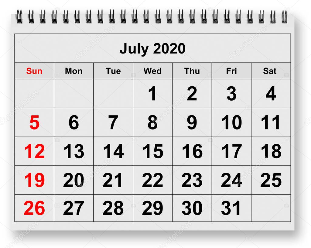 One page of the annual monthly calendar - month July 2020