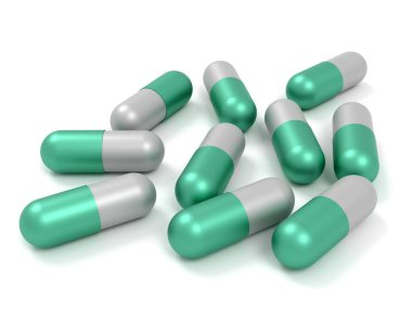 Tıp kavramları. Beyaza izole edilmiş kapsül haplarının tasviri. 3d oluşturma