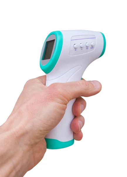 白い背景に隔離された手の医療非接触温度計 — ストック写真