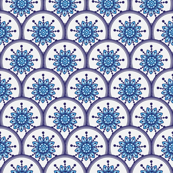 Seamless pattern of circles with blue flowers — Stock Vector