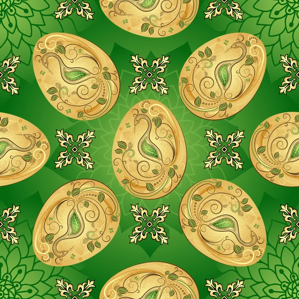 Easter seamless green pattern with golden eggs — Stock Vector