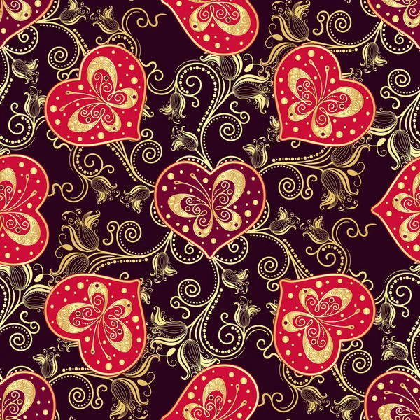 パープル ハートのバレンタイン シームレスな暗いパターン — ストックベクタ