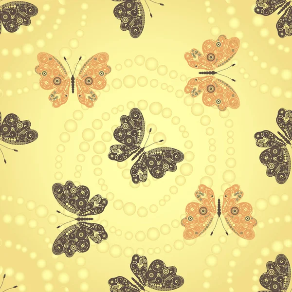 Sömlös gyllene mönster med brunt och beige fjärilar — Stock vektor