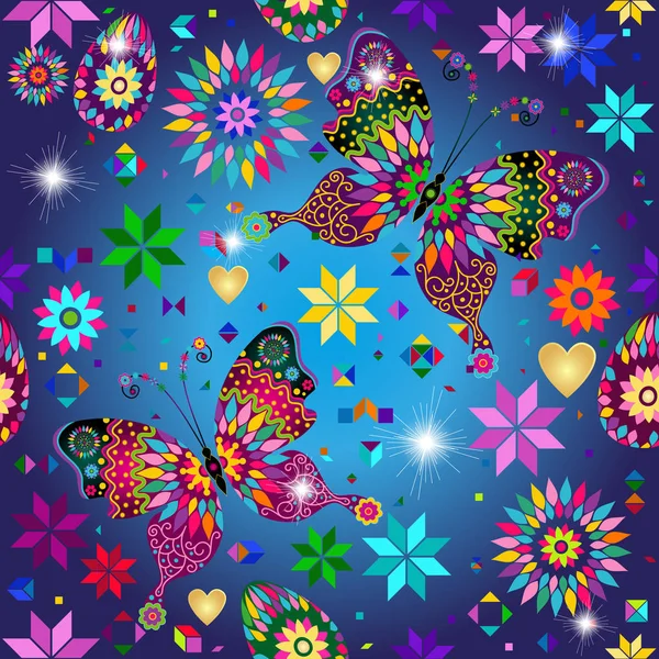 Estive bright Easter pattern with butterflies, flowers and decor Stock Illustration