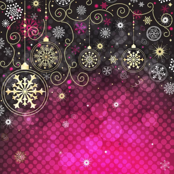 Kerstframe met witte, paarse en gouden sneeuwvlokken — Stockvector