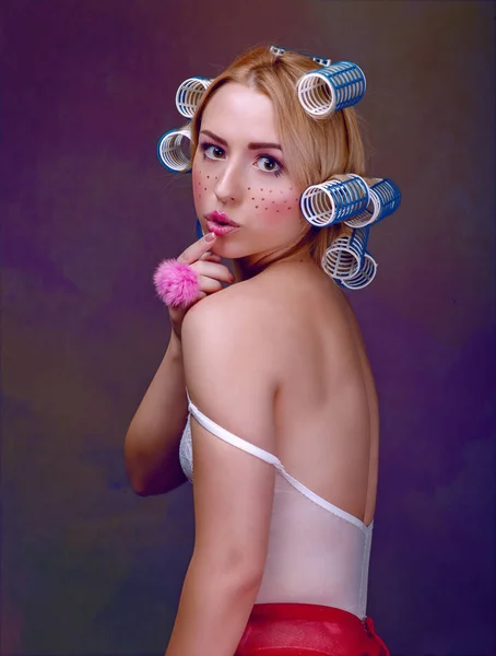 Doll woman with curlers — Stock Photo, Image