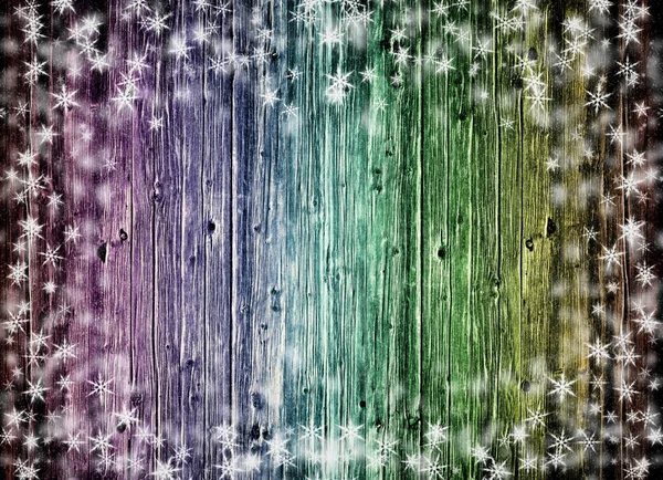 Barva dřeva zdi textury s bílým sněhem a hvězd. Vánoční pozadí — Stock fotografie