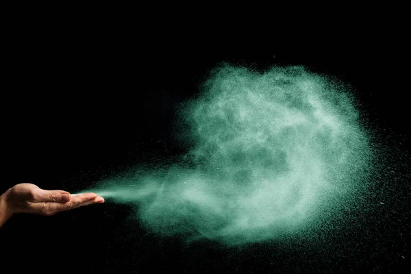 Dust Blows Hands Black Background Color Aqua Menthe — Stock Photo, Image