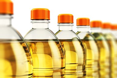 Row of plastic bottles with vegetable cooking oil clipart