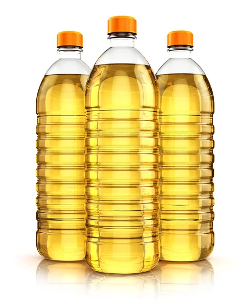 Csoport a műanyag palackok a növényi olajban — Stock Fotó