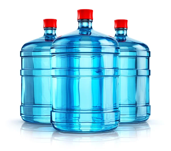 Tre 19 liter eller 5 gallon plast dricka vattenflaskor — Stockfoto