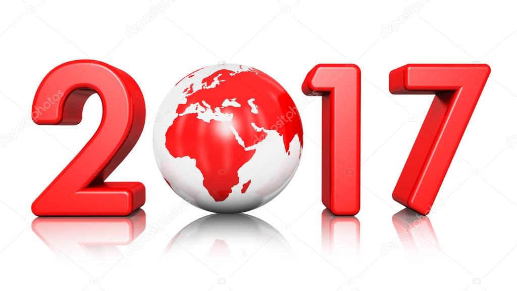3D render illustration of  creative abstract New Year 2017 beginning celebration concept with red glossy Earth globe isolated on white background with reflection effect