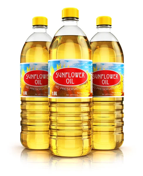 Grupo de garrafas de plástico com óleo de semente de girassol — Fotografia de Stock