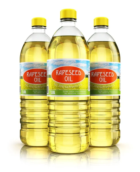 Grupo de botellas de plástico con aceite de colza — Foto de Stock