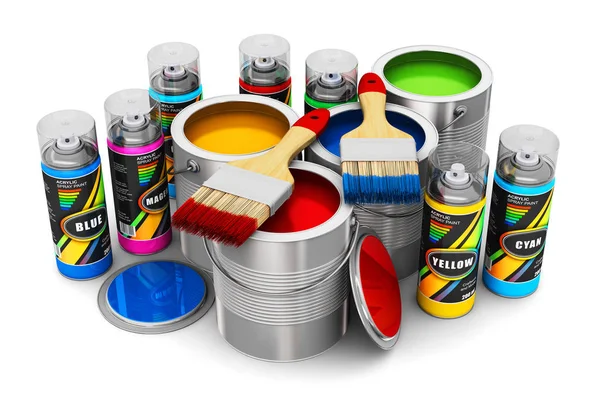 Latas con pintura de color, pinceles y pinturas en aerosol — Foto de Stock