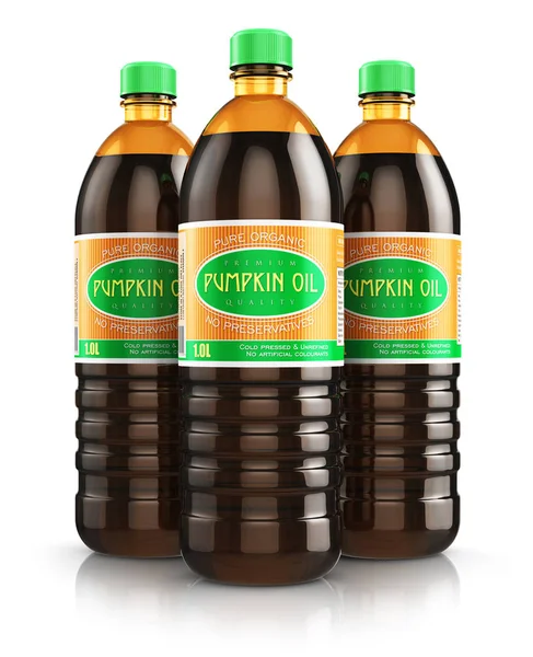 Grupo de garrafas plásticas com óleo de semente de abóbora — Fotografia de Stock