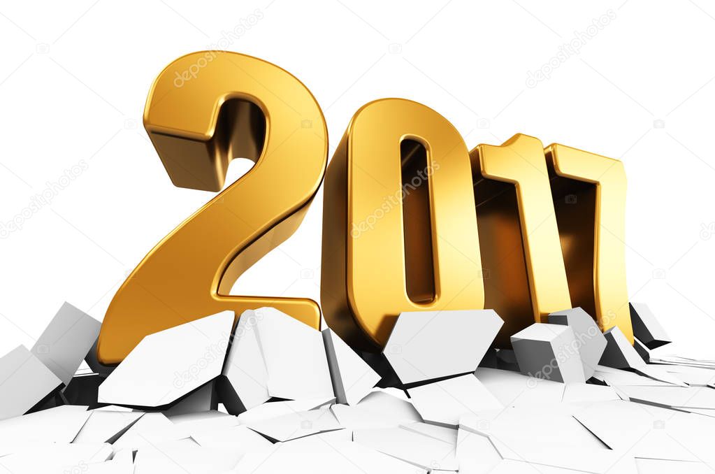 3D render illustration of creative abstract New Year 2017 beginning celebration concept on cracked surface isolated on white background