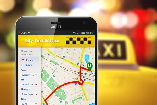 Smartphone-val taxi szolgáltatás internet alkalmazás — Stock Fotó