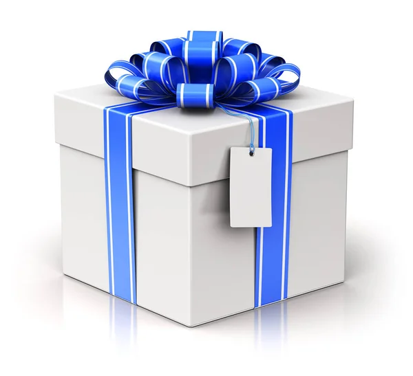 Gift or present box with ribbon bow and label tag — Stock Photo, Image