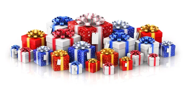 Heap of gift or present boxes with ribbon bows and label tags — Stock Photo, Image