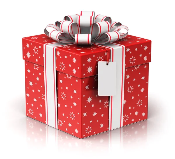 Gift or present box with ribbon bow and label tag — Stock Photo, Image