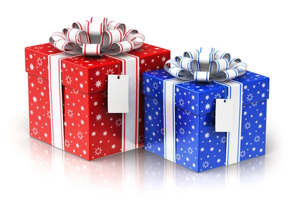 Two gift or present boxes with ribbon bows and label tags — Stock Photo, Image