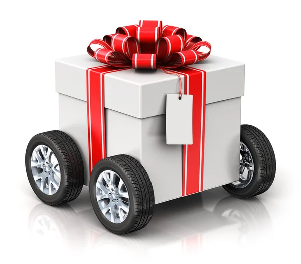 Cadeau ou boîte cadeau avec roues de voiture — Photo