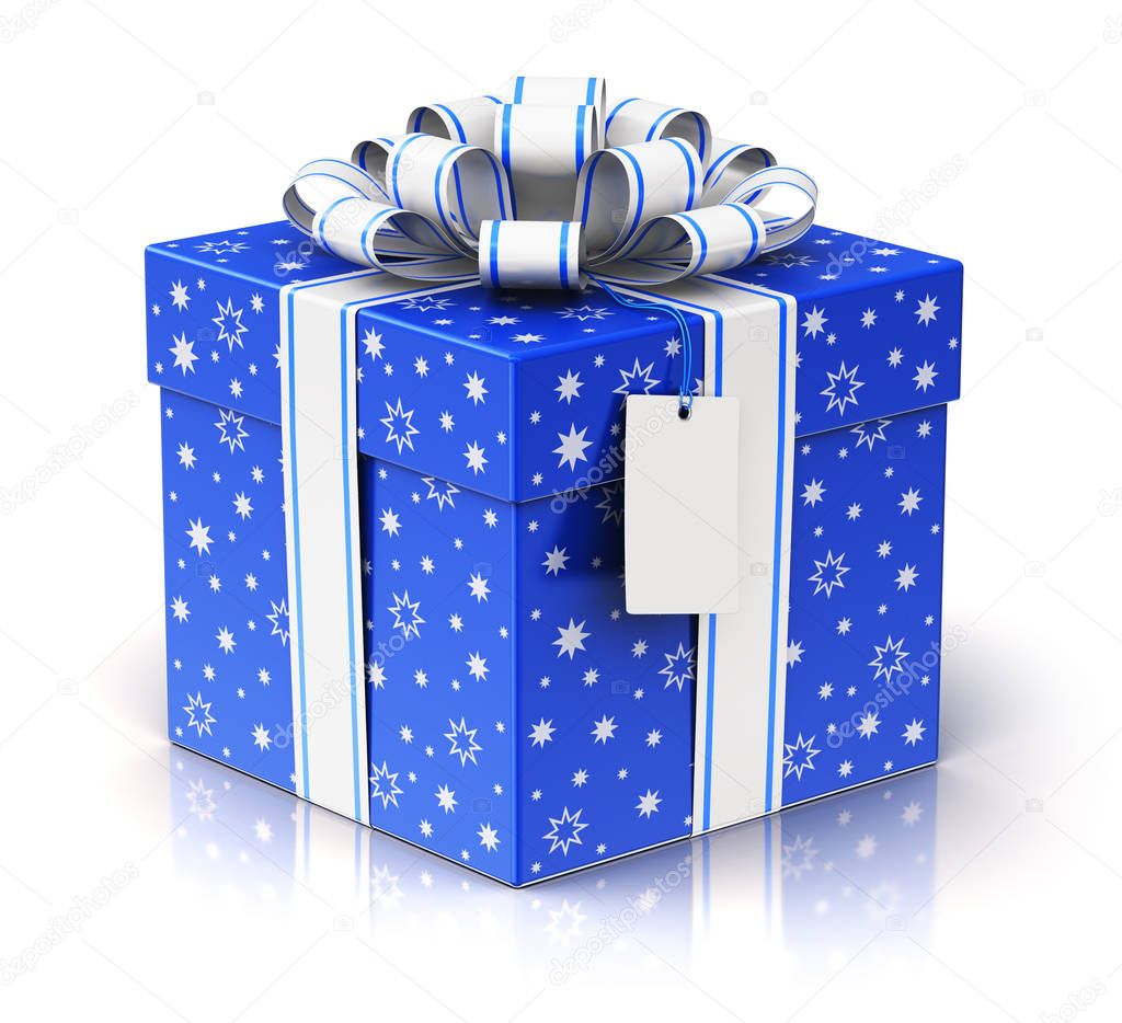 Gift or present box with ribbon bow and label tag