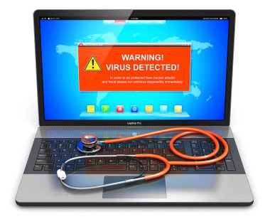 Laptop with virus attack warning message on screen and stethosco clipart