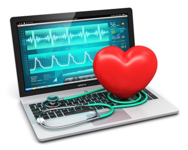 Laptop ile tıbbi teşhis yazılımı, stetoskop ve kırmızı hea