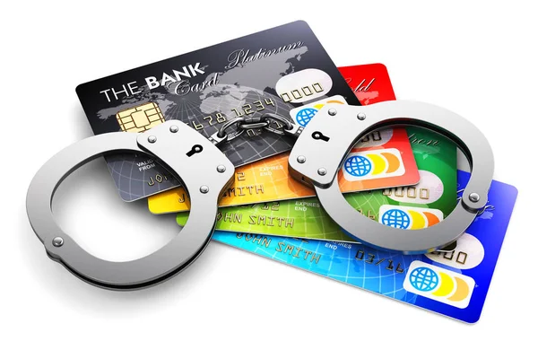 Bank creditcards en handboeien geïsoleerd op wit — Stockfoto