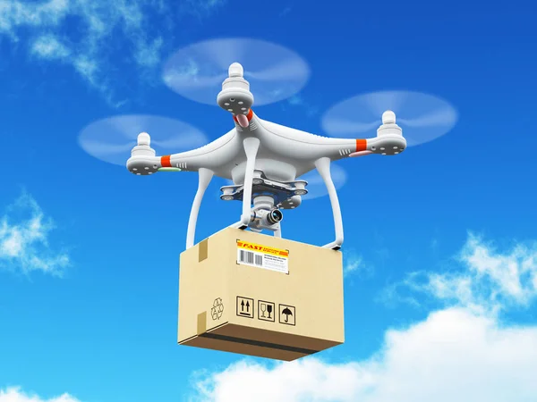 Доставка безпілотника з картонною коробкою в блакитному небі — стокове фото