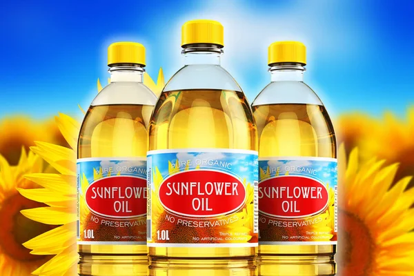 Grupo de garrafas de plástico com óleo de semente de girassol — Fotografia de Stock