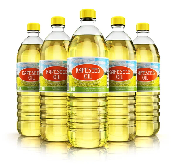 Grupo de botellas de plástico con aceite de colza — Foto de Stock