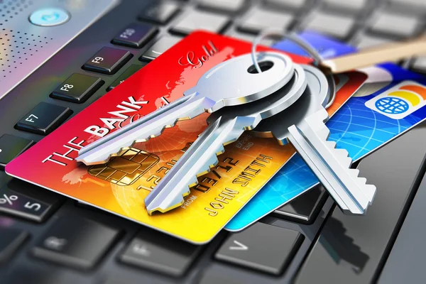 Karty kredytowe i dom klawisze na klawiaturze laptopa — Zdjęcie stockowe