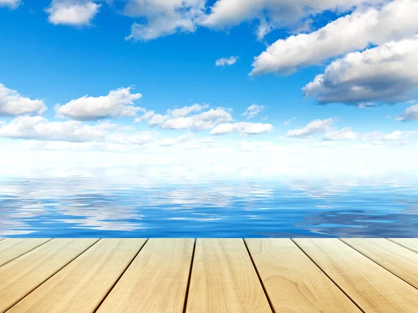 Sea water, blue sky, clouds, wooden plank table or pier — Stock Photo, Image