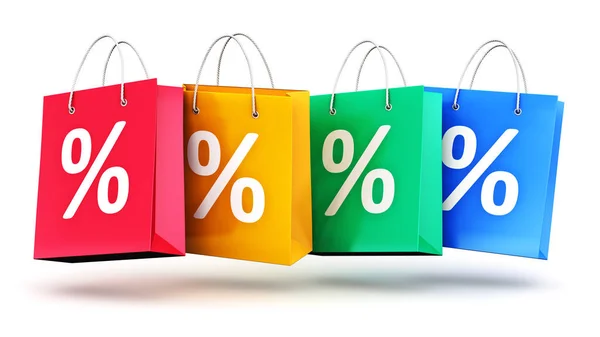 Group of color paper shopping bags with percent symbols — Stock Photo, Image