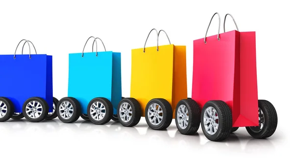 Tren del grupo de bolsas de compras de papel con ruedas de coche —  Fotos de Stock