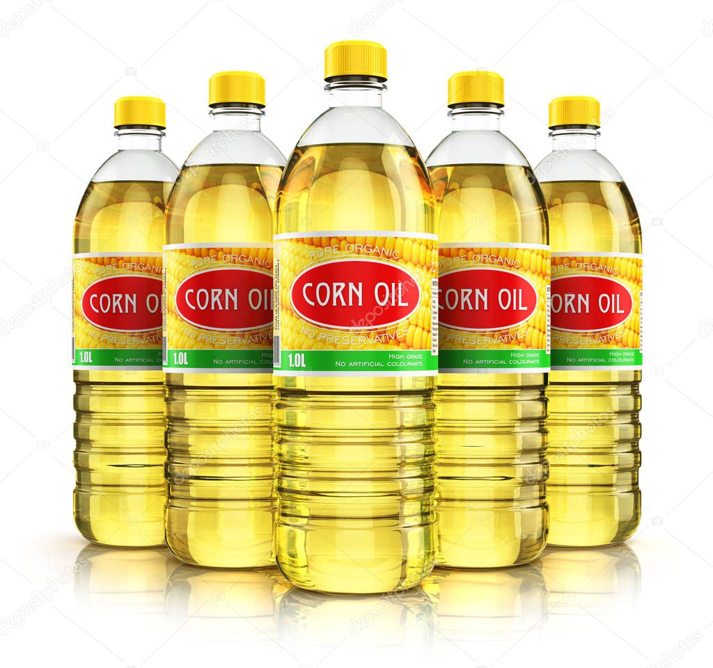 Group of plastic bottles with corn oil