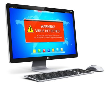 Desktop computer PC with virus attack warning message on screen clipart