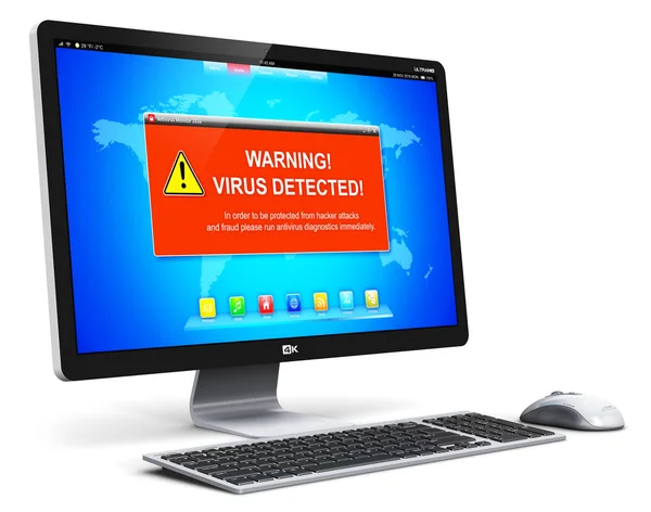Ordenador de escritorio PC con mensaje de advertencia de ataque de virus en pantalla —  Fotos de Stock