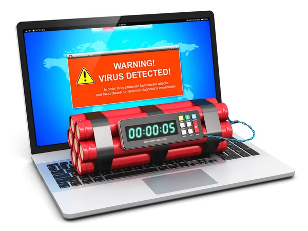 Ноутбук с предупреждением о вирусной атаке и таймер-бомбой — стоковое фото