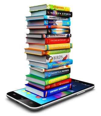 Smartphone ve renk ciltli kitap yığını