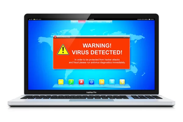 Computadora portátil con mensaje de advertencia de ataque de virus en pantalla — Foto de Stock